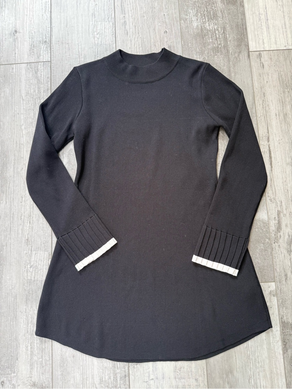 RIHOAS Black Knit Mock Neck Sweater Mini Dress White Trim Small